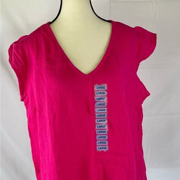 Three Dots Women’s short sleeve, V-neck, double layer cotton gauze shirt - Picture 4 of 7